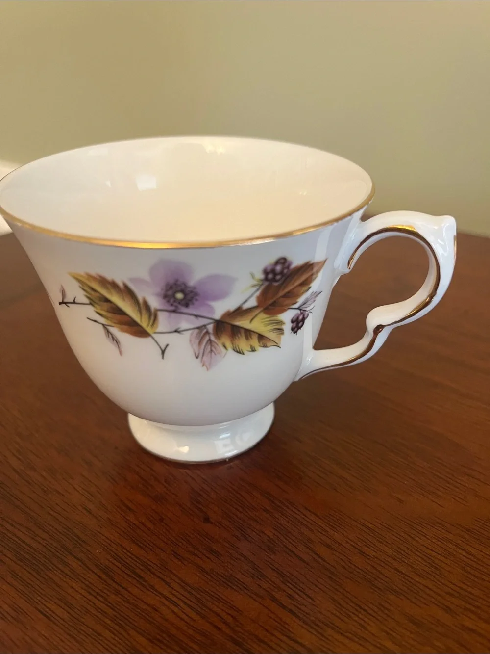 Queen Anne Purple Brown Floral Bone China Teacup & Saucer Made in England 8344
